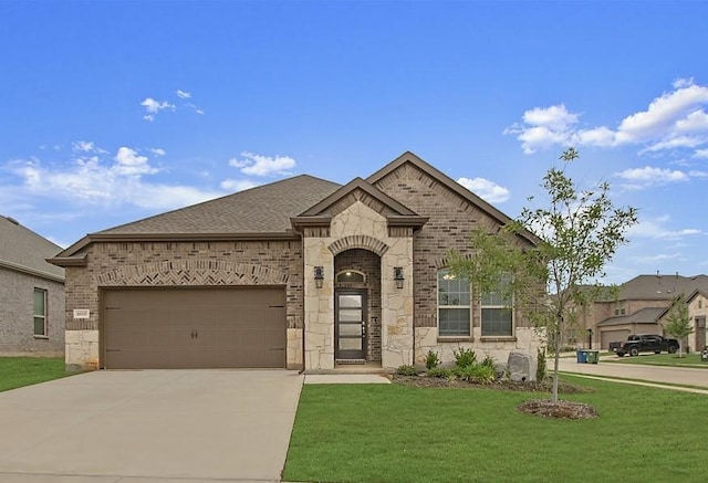 10337 Geode St, Aubrey, TX 76227 - french provincial home featuring driveway, a front lawn, a garage, brick siding, and roof with shingles
