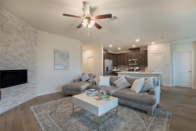 10337 Geode St, Aubrey, TX 76227 - living area featuring visible vents, recessed lighting, dark wood finished floors, ceiling fan, and baseboards
