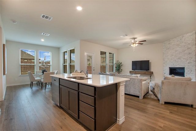 10337 Geode St, Aubrey, TX 76227 - kitchen featuring stainless steel dishwasher, light wood finished floors, ceiling fan, and a sink