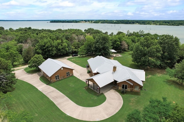 aerial view featuring a water view