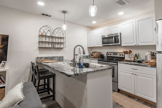 1100 Hillburn Dr, Dallas, TX 75217 - kitchen with white cabinets, stainless steel appliances, and visible vents