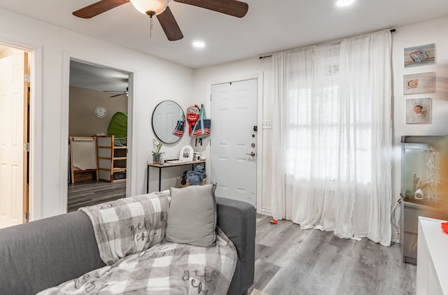 1100 Hillburn Dr, Dallas, TX 75217 - living room featuring ceiling fan, recessed lighting, and wood finished floors