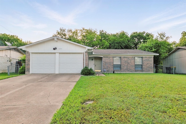 ranch-style house featuring driveway, brick siding, fence, an attached garage, and a front yard