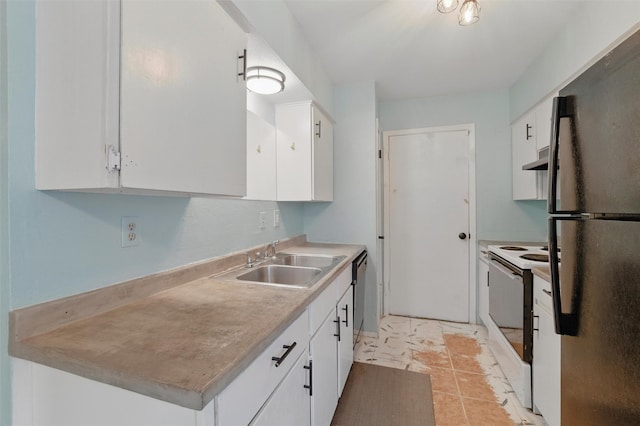 kitchen featuring a sink, freestanding refrigerator, dishwasher, white cabinetry, and electric range