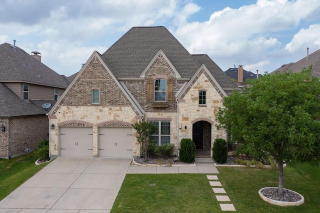 6404 Spring Wagon Dr, Mckinney, TX 75071 - french country style house featuring stone siding, concrete driveway, a front lawn, and roof with shingles
