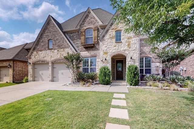 6404 Spring Wagon Dr, Mckinney, TX 75071 - french country inspired facade featuring driveway, a front yard, a garage, stone siding, and a shingled roof