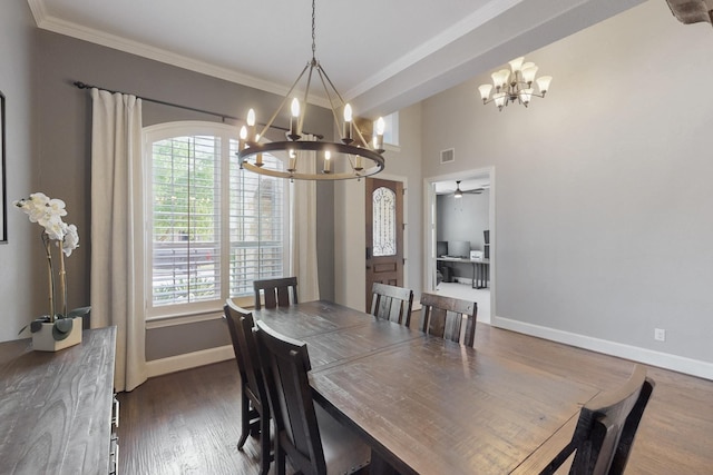 6404 Spring Wagon Dr, Mckinney, TX 75071 - dining area with a chandelier, baseboards, crown molding, and wood finished floors