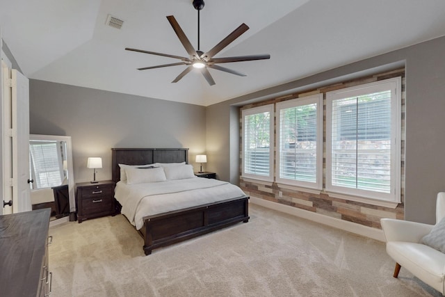 6404 Spring Wagon Dr, Mckinney, TX 75071 - bedroom with light carpet, vaulted ceiling, baseboards, ceiling fan, and access to outside