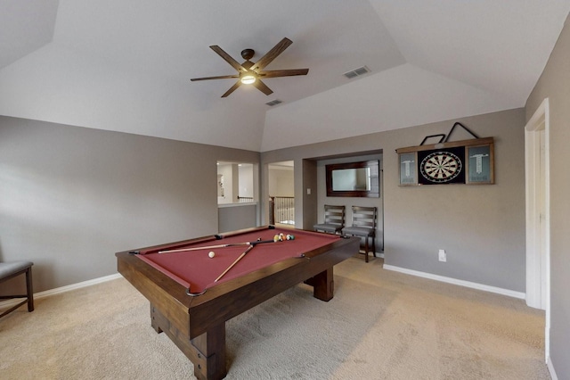 6404 Spring Wagon Dr, Mckinney, TX 75071 - game room with carpet flooring, ceiling fan, lofted ceiling, billiards, and baseboards