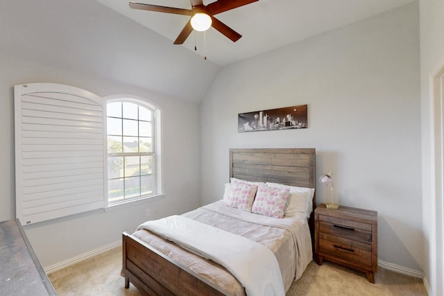 6404 Spring Wagon Dr, Mckinney, TX 75071 - bedroom with light carpet, lofted ceiling, baseboards, and a ceiling fan