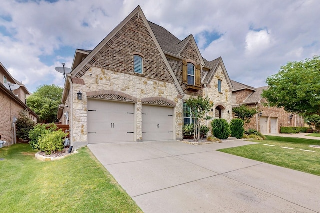 6404 Spring Wagon Dr, Mckinney, TX 75071 - french country inspired facade featuring stone siding, concrete driveway, and a front yard