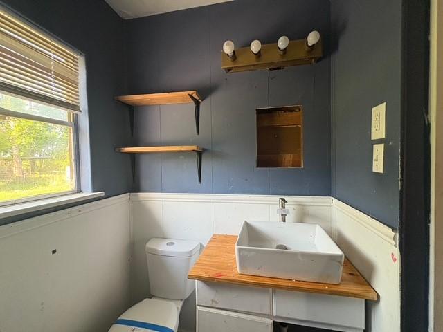 half bath with toilet, vanity, and a wainscoted wall