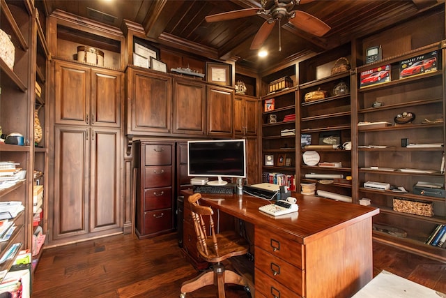 SQ13 Lake Cherokee, Henderson, TX 75652 - office space featuring a ceiling fan, beam ceiling, wooden ceiling, and dark wood-type flooring