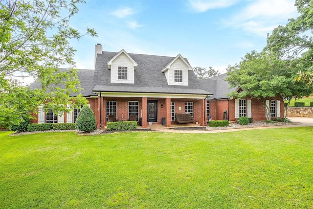 cape cod home with covered porch, brick siding, a front lawn, a chimney, and a shingled roof