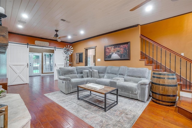 living room featuring recessed lighting, a barn door, ceiling fan, wood ceiling, and hardwood / wood-style flooring