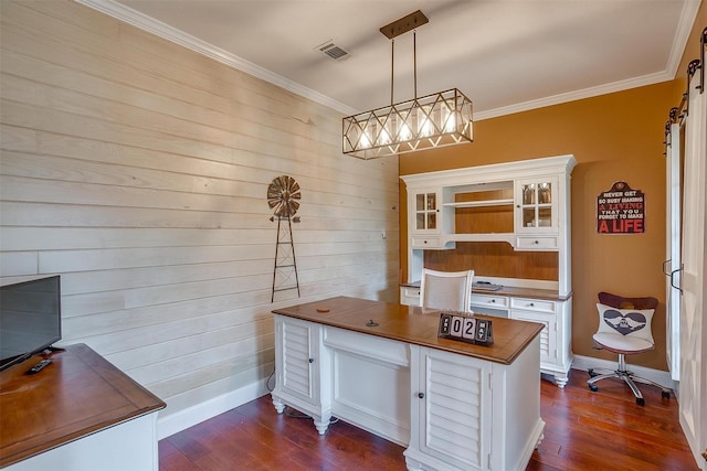 office featuring dark wood-style flooring, ornamental molding, and wood walls