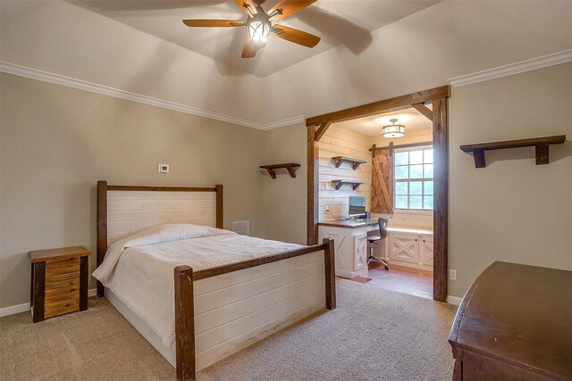 bedroom featuring light carpet, baseboards, a ceiling fan, and ornamental molding
