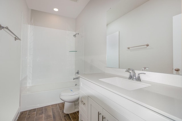 627 Rain Barrel Pl, Weston, TX 75009 - full bathroom featuring toilet, shower / bathtub combination, wood tiled floor, vanity, and recessed lighting