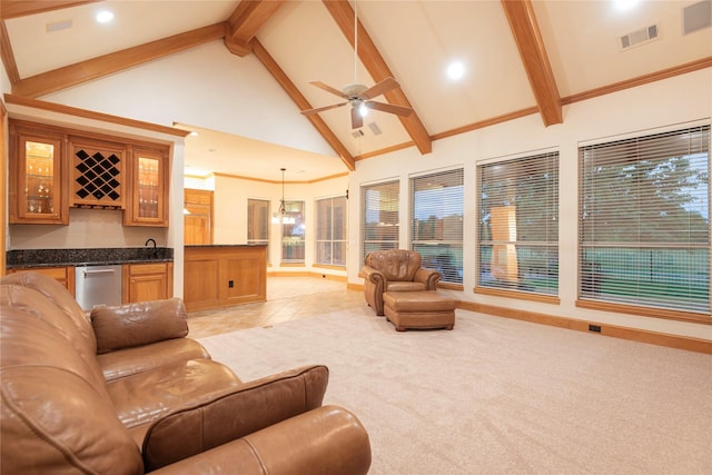 living area featuring indoor bar, visible vents, beam ceiling, and high vaulted ceiling