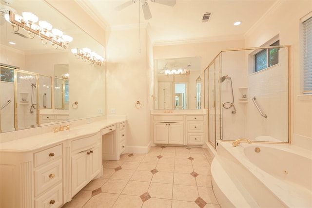 full bathroom with a sink, visible vents, tile patterned floors, a shower stall, and two vanities