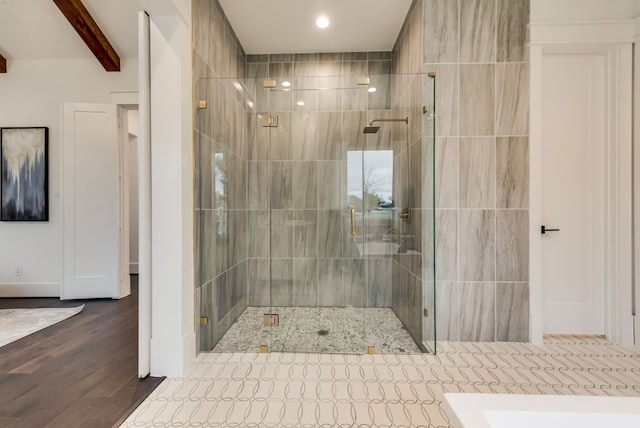 1725 Ranch House Rd, Celina, TX 75009 - full bathroom featuring a stall shower, beamed ceiling, wood finished floors, and recessed lighting