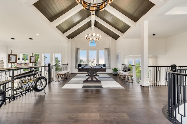 1725 Ranch House Rd, Celina, TX 75009 - entryway with a chandelier, high vaulted ceiling, plenty of natural light, wood finished floors, and wood ceiling with exposed beams