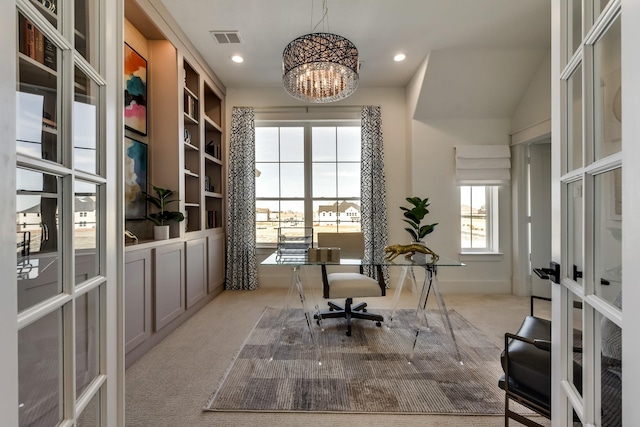 1725 Ranch House Rd, Celina, TX 75009 - office area featuring carpet, a chandelier, and recessed lighting