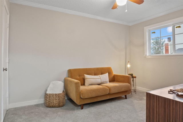 703 Trinidad Dr, Grand Prairie, TX 75052 - living area with baseboards, light carpet, crown molding, and ceiling fan