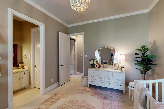 1908 Kings Pass, Heath, TX 75032 - bedroom featuring an inviting chandelier, ensuite bathroom, baseboards, light colored carpet, and ornamental molding