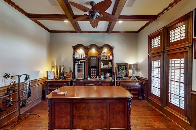 1908 Kings Pass, Heath, TX 75032 - office space with wainscoting, dark wood-style flooring, and a ceiling fan