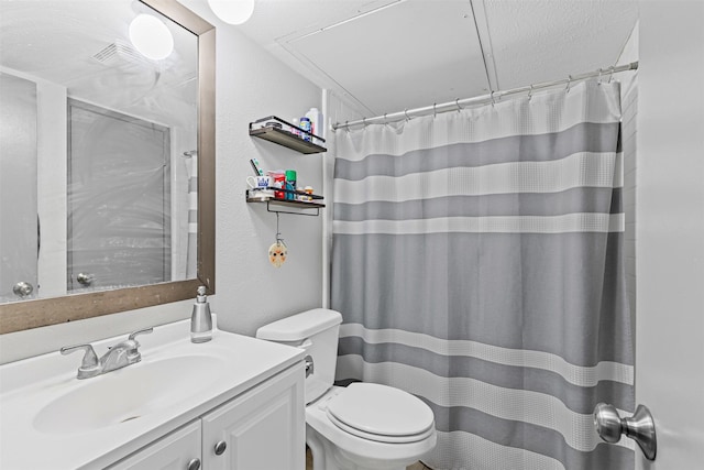 2405 Sweetwood Dr, Fort Worth, TX 76131 - bathroom with toilet, a shower with curtain, vanity, and a textured wall