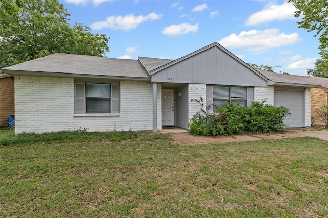 2405 Sweetwood Dr, Fort Worth, TX 76131 - ranch-style house with a front yard, roof with shingles, brick siding, and a garage
