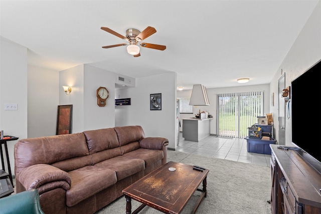 2405 Sweetwood Dr, Fort Worth, TX 76131 - living room with visible vents, light tile patterned flooring, and ceiling fan