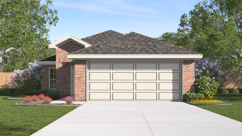 595 Cherish Day Dr, Lavon, TX 75166 - view of front of house featuring an attached garage, concrete driveway, a shingled roof, a front lawn, and brick siding