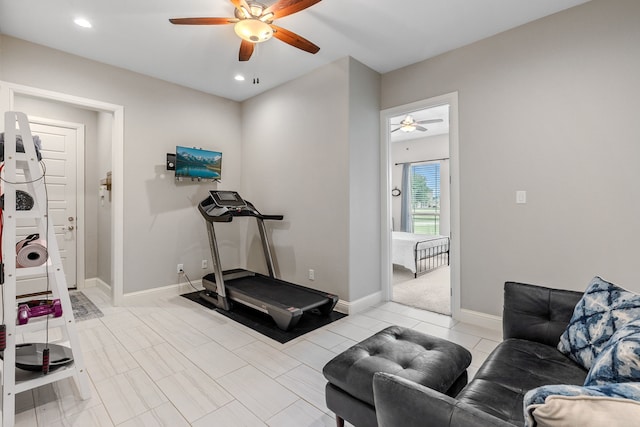 workout room featuring a ceiling fan, baseboards, and recessed lighting