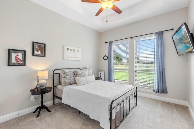 bedroom featuring multiple windows, light carpet, baseboards, and a raised ceiling