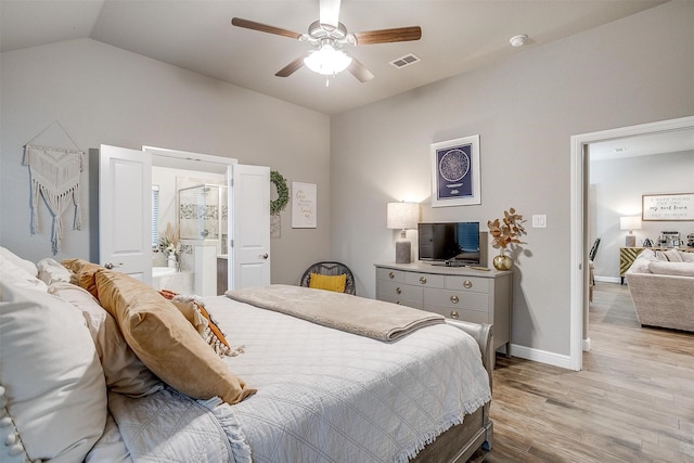bedroom featuring a ceiling fan, baseboards, visible vents, vaulted ceiling, and light wood-style floors