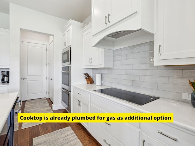 846 Cordoba Ln, Rockwall, TX 75087 - kitchen with appliances with stainless steel finishes, white cabinetry, dark wood-type flooring, and backsplash