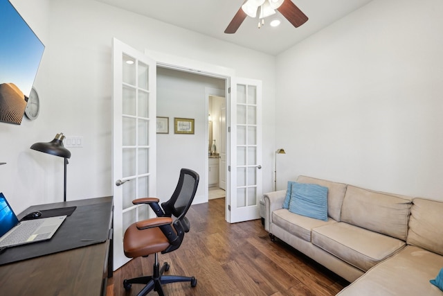 846 Cordoba Ln, Rockwall, TX 75087 - office space with french doors, wood finished floors, and a ceiling fan