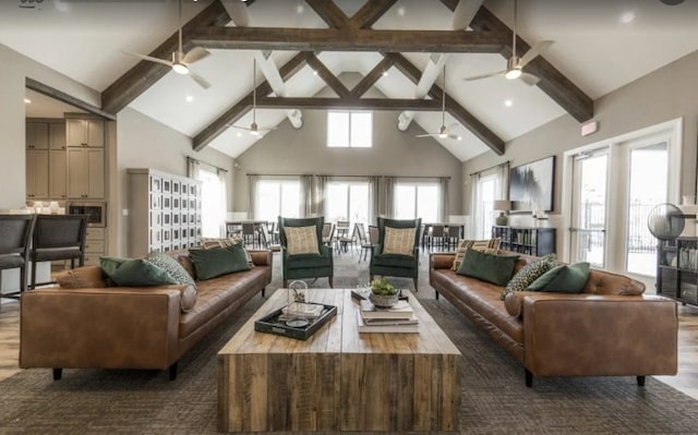 846 Cordoba Ln, Rockwall, TX 75087 - living area with ceiling fan, high vaulted ceiling, beamed ceiling, and wood finished floors