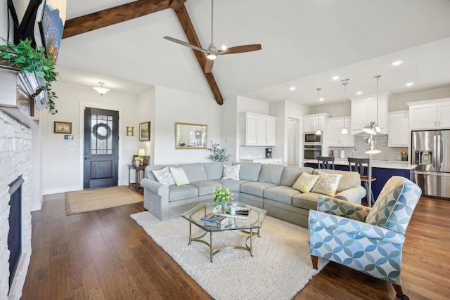 846 Cordoba Ln, Rockwall, TX 75087 - living room with ceiling fan, dark wood-style floors, recessed lighting, high vaulted ceiling, and beamed ceiling