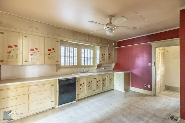 2234 Idlewild St, Abilene, TX 79605 - kitchen featuring dishwasher, ceiling fan, cream cabinetry, a sink, and light countertops