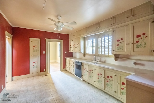 2234 Idlewild St, Abilene, TX 79605 - kitchen featuring dishwashing machine, ceiling fan, light countertops, a sink, and cream cabinets