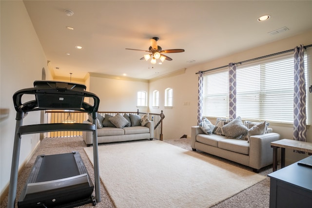 5117 Wakefield Dr, Irving, TX 75038 - carpeted living room featuring ceiling fan, visible vents, and recessed lighting