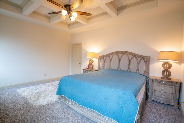 5117 Wakefield Dr, Irving, TX 75038 - bedroom with carpet flooring, a ceiling fan, coffered ceiling, beam ceiling, and ornamental molding