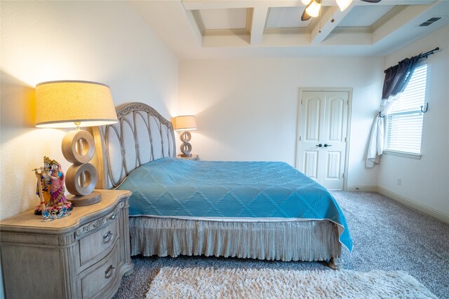 5117 Wakefield Dr, Irving, TX 75038 - carpeted bedroom featuring a ceiling fan, coffered ceiling, baseboards, visible vents, and beam ceiling