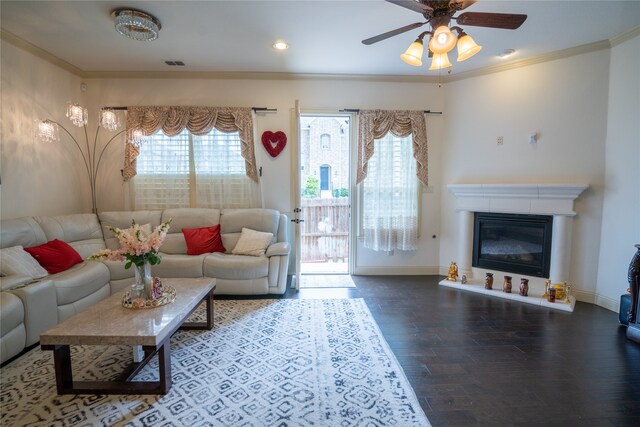 5117 Wakefield Dr, Irving, TX 75038 - living room featuring wood finished floors, a ceiling fan, crown molding, visible vents, and baseboards