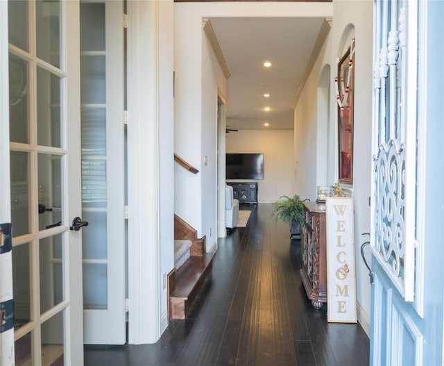 5117 Wakefield Dr, Irving, TX 75038 - corridor featuring stairway, dark wood finished floors, french doors, and recessed lighting