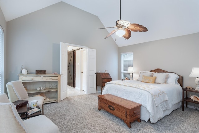 bedroom with ceiling fan, high vaulted ceiling, and light colored carpet