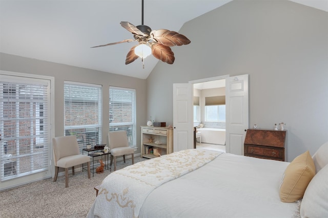 carpeted bedroom featuring ceiling fan, connected bathroom, and high vaulted ceiling